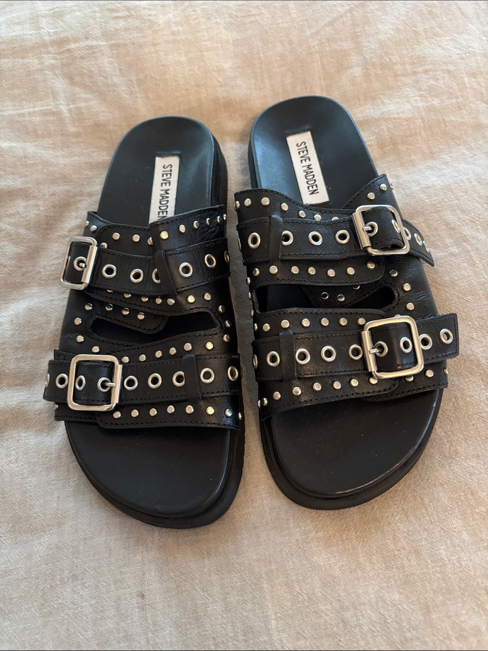 Steve Madden Black Studded Double-Buckle Slide Sandals